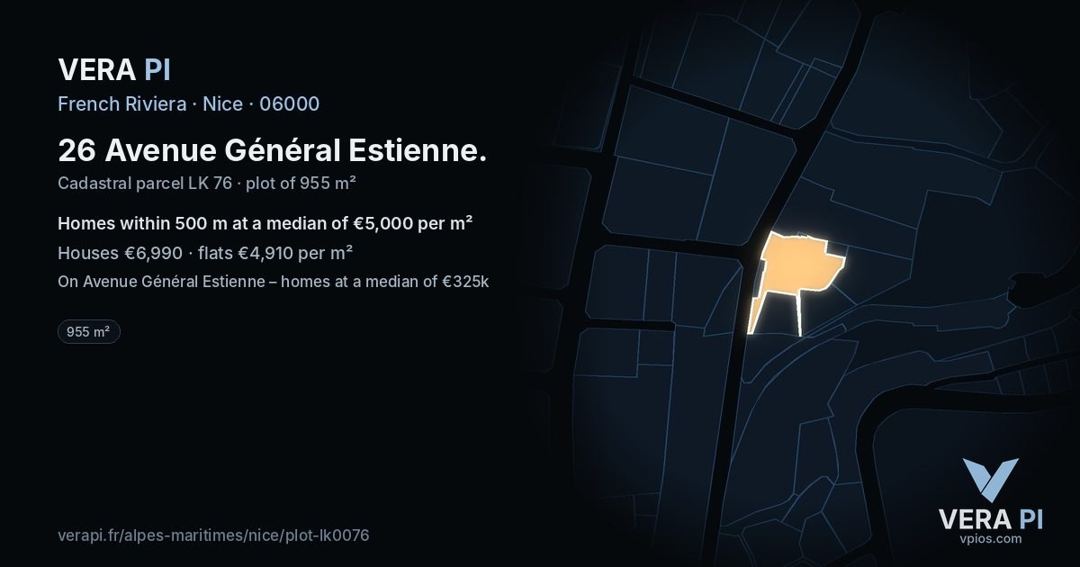 26 Avenue Général Estienne, Nice at night – the plot lit, the parcels around coloured by the prices near them