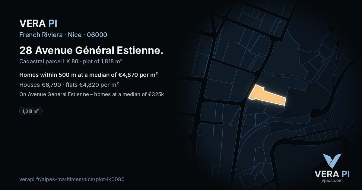 28 Avenue Général Estienne, Nice at night – the plot lit, the parcels around coloured by the prices near them