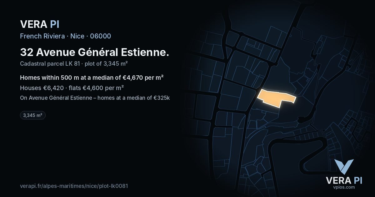 32 Avenue Général Estienne, Nice at night – the plot lit, the parcels around coloured by the prices near them