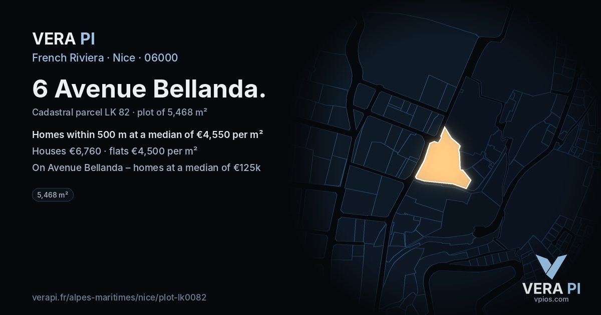 6 Avenue Bellanda, Nice at night – the plot lit, the parcels around coloured by the prices near them