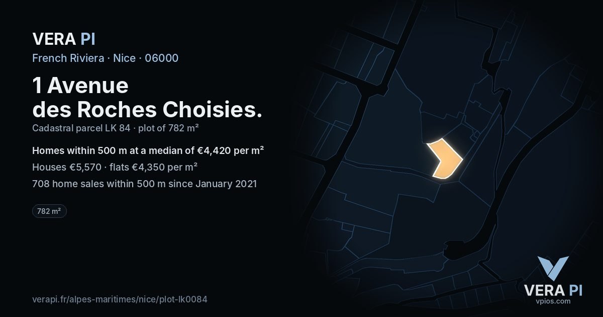 1 Avenue des Roches Choisies, Nice at night – the plot lit, the parcels around coloured by the prices near them