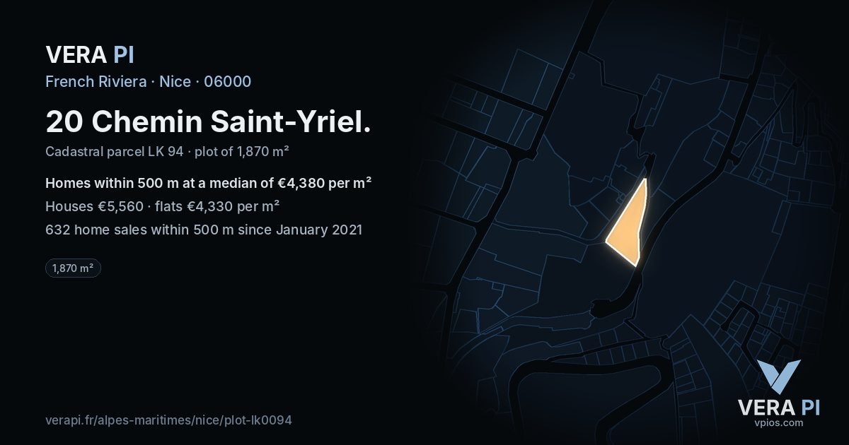 20 Chemin Saint-Yriel, Nice at night – the plot lit, the parcels around coloured by the prices near them