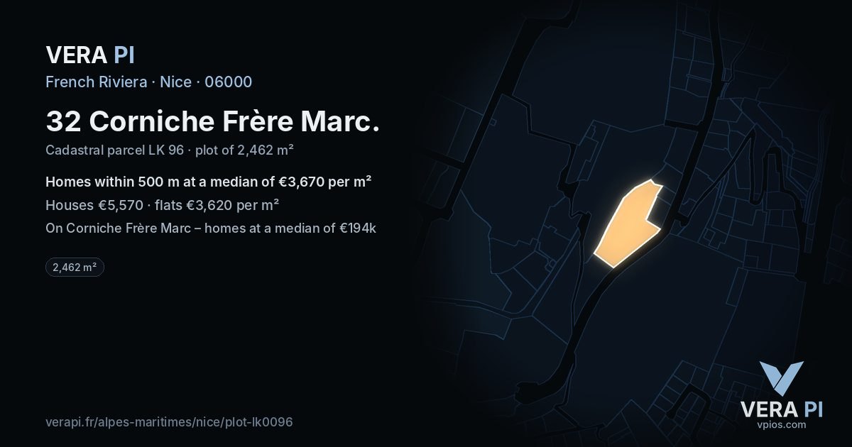 32 Corniche Frère Marc, Nice at night – the plot lit, the parcels around coloured by the prices near them