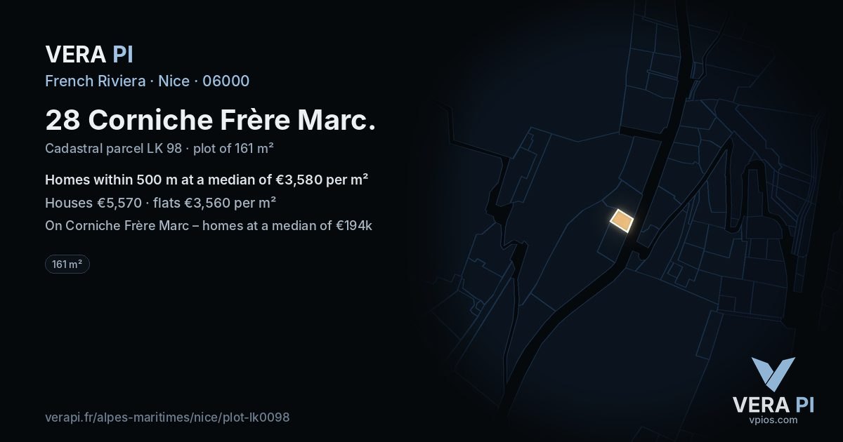 28 Corniche Frère Marc, Nice at night – the plot lit, the parcels around coloured by the prices near them