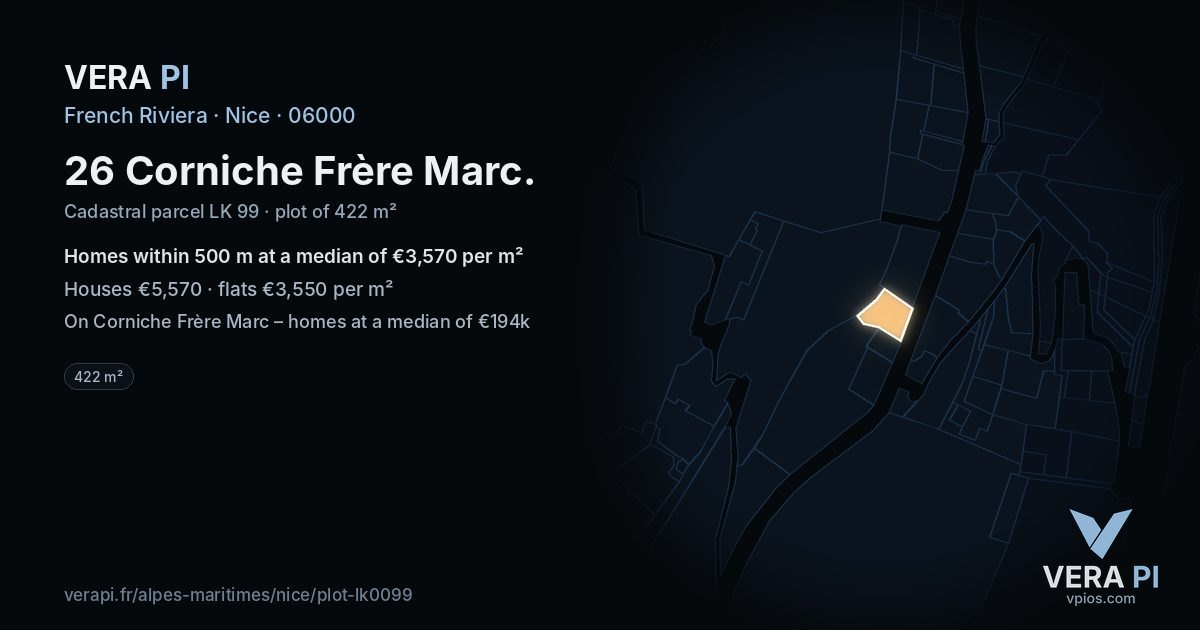 26 Corniche Frère Marc, Nice at night – the plot lit, the parcels around coloured by the prices near them