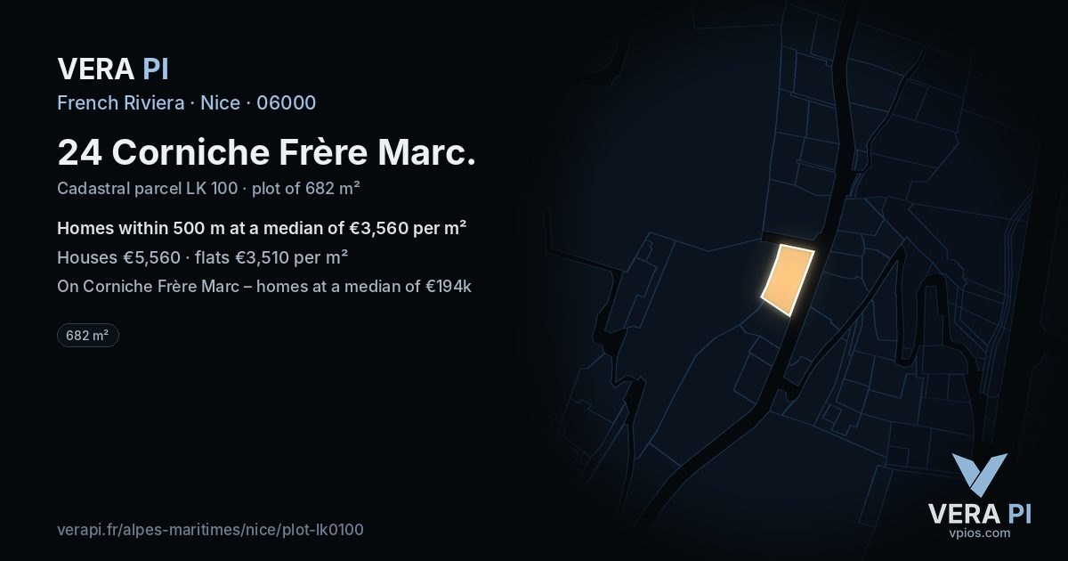 24 Corniche Frère Marc, Nice at night – the plot lit, the parcels around coloured by the prices near them
