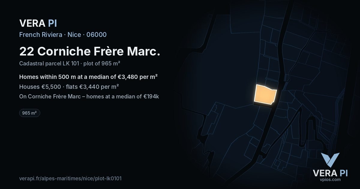 22 Corniche Frère Marc, Nice at night – the plot lit, the parcels around coloured by the prices near them