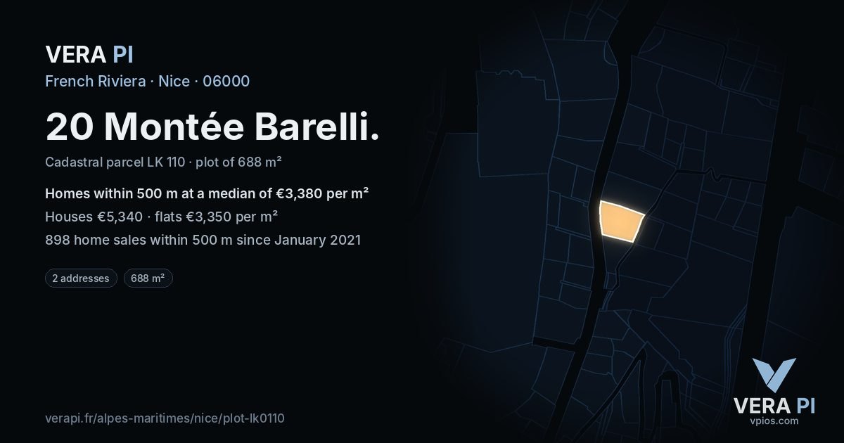 20 Montée Barelli, Nice at night – the plot lit, the parcels around coloured by the prices near them