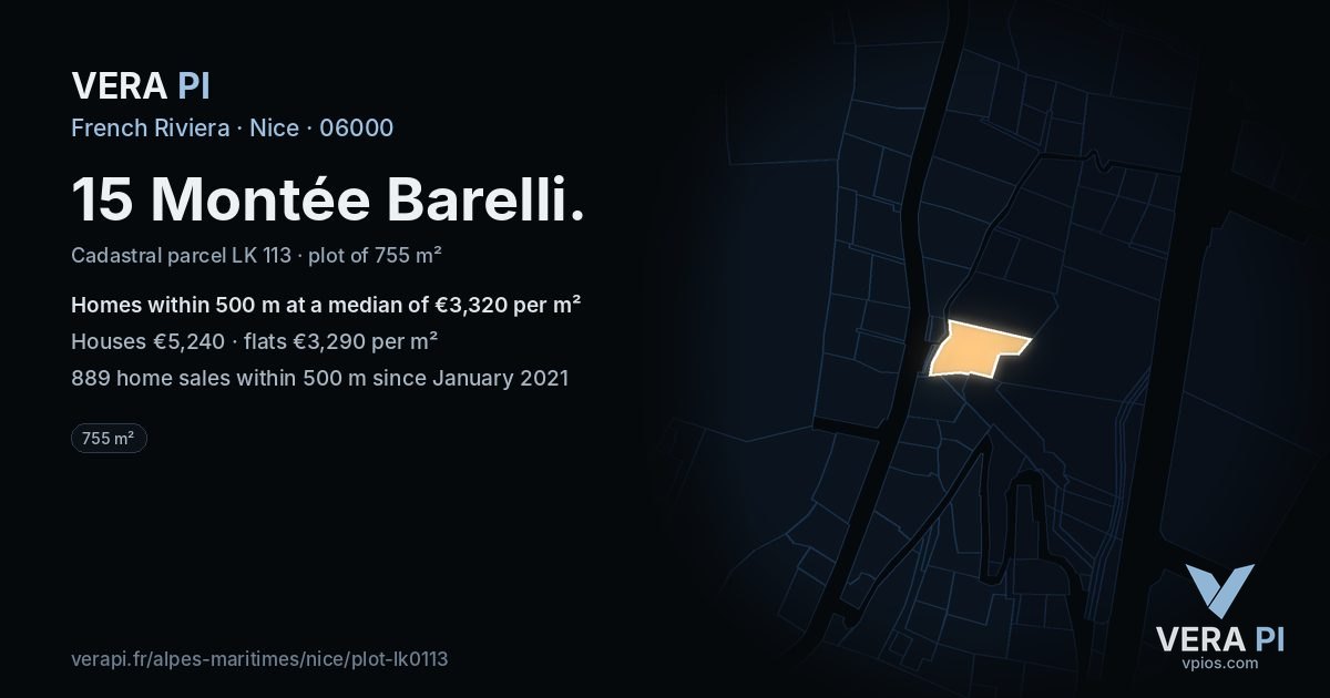 15 Montée Barelli, Nice at night – the plot lit, the parcels around coloured by the prices near them