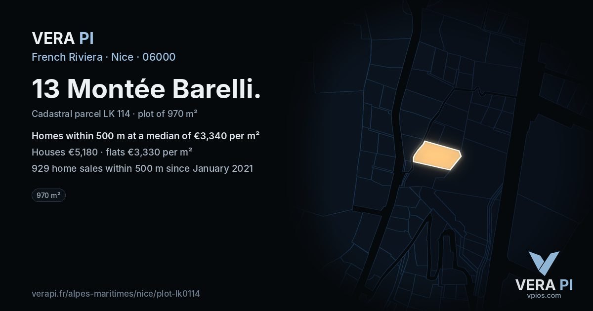 13 Montée Barelli, Nice at night – the plot lit, the parcels around coloured by the prices near them