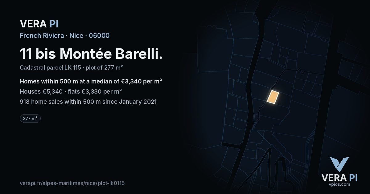 11 bis Montée Barelli, Nice at night – the plot lit, the parcels around coloured by the prices near them