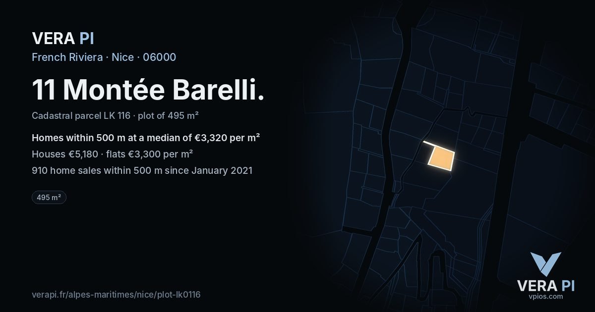 11 Montée Barelli, Nice at night – the plot lit, the parcels around coloured by the prices near them
