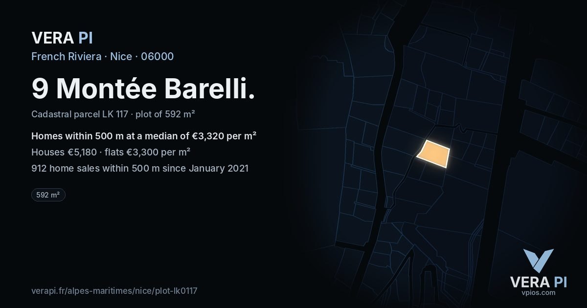 9 Montée Barelli, Nice at night – the plot lit, the parcels around coloured by the prices near them