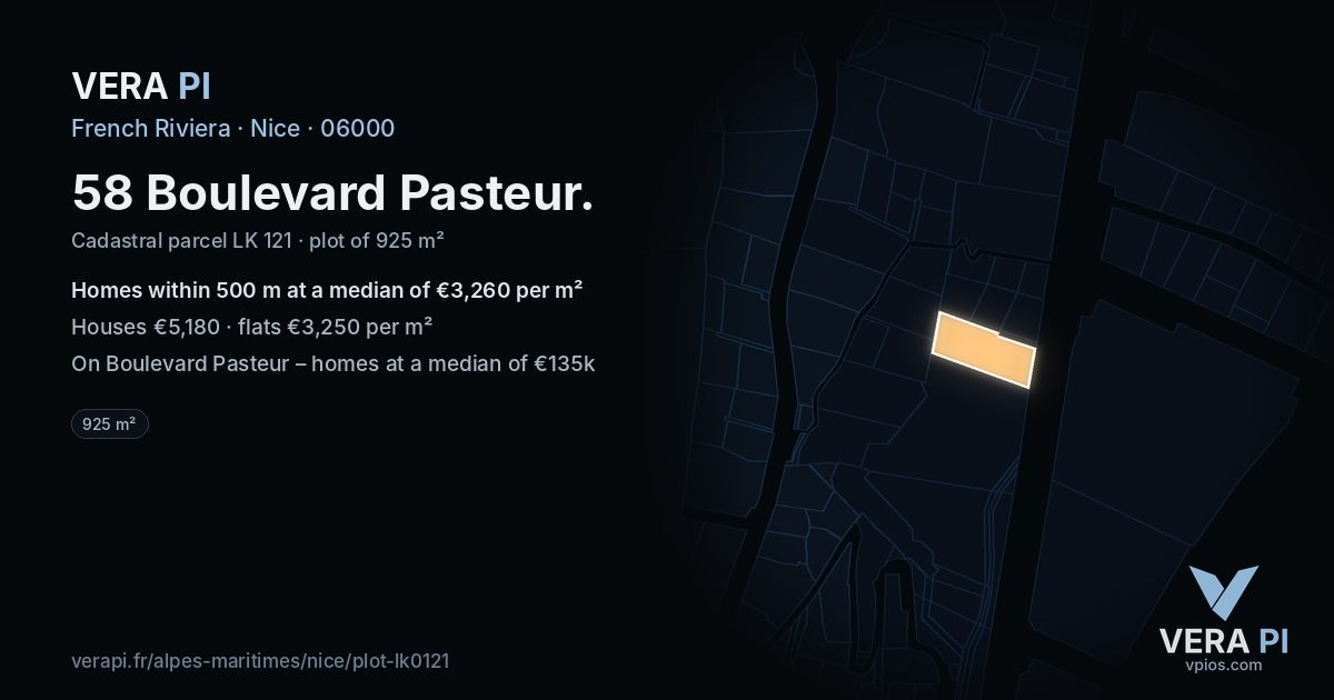 58 Boulevard Pasteur, Nice at night – the plot lit, the parcels around coloured by the prices near them