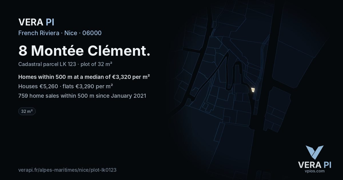8 Montée Clément, Nice at night – the plot lit, the parcels around coloured by the prices near them