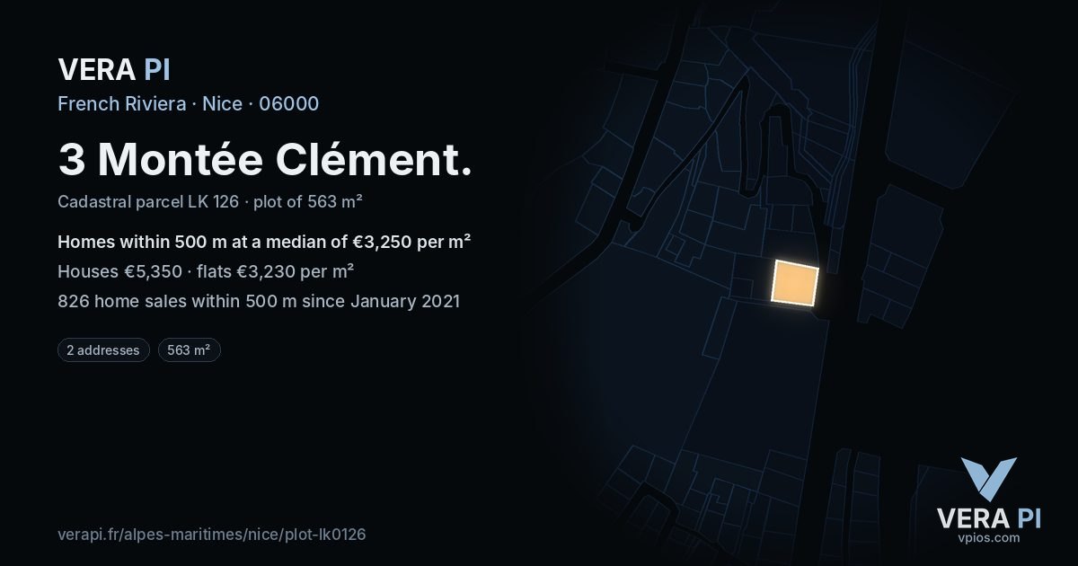 3 Montée Clément, Nice at night – the plot lit, the parcels around coloured by the prices near them