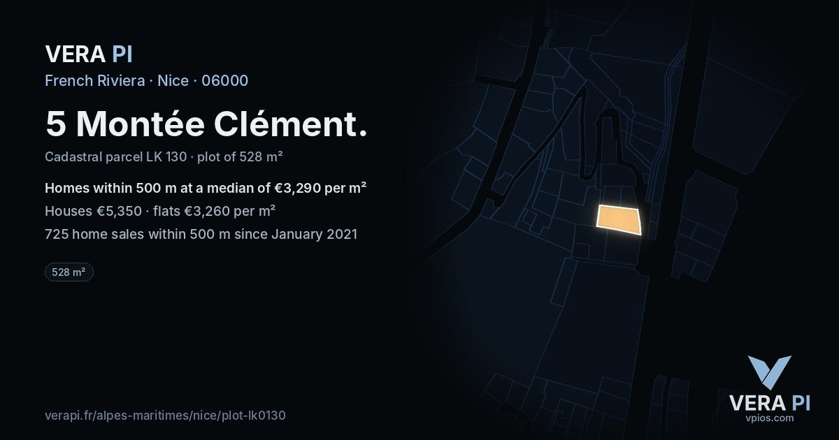 5 Montée Clément, Nice at night – the plot lit, the parcels around coloured by the prices near them