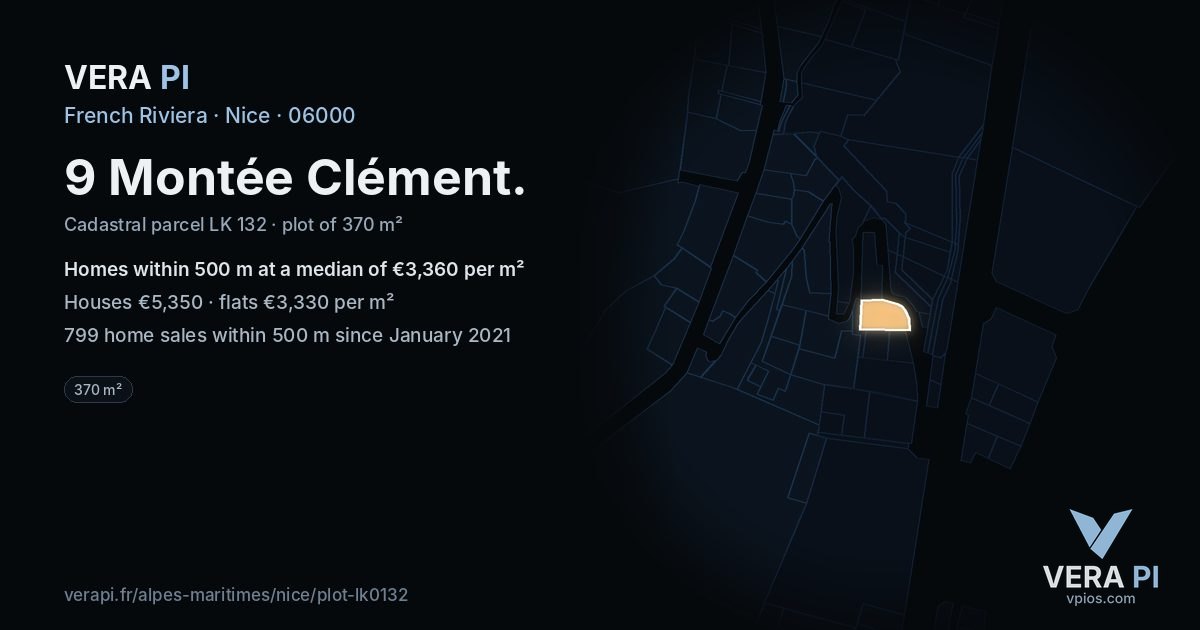 9 Montée Clément, Nice at night – the plot lit, the parcels around coloured by the prices near them