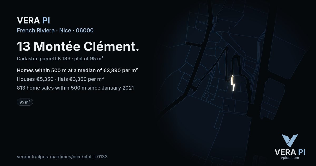 13 Montée Clément, Nice at night – the plot lit, the parcels around coloured by the prices near them