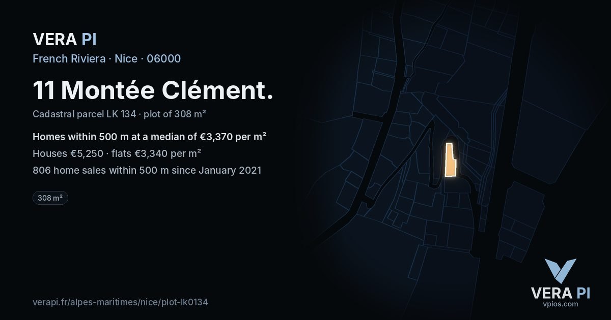 11 Montée Clément, Nice at night – the plot lit, the parcels around coloured by the prices near them