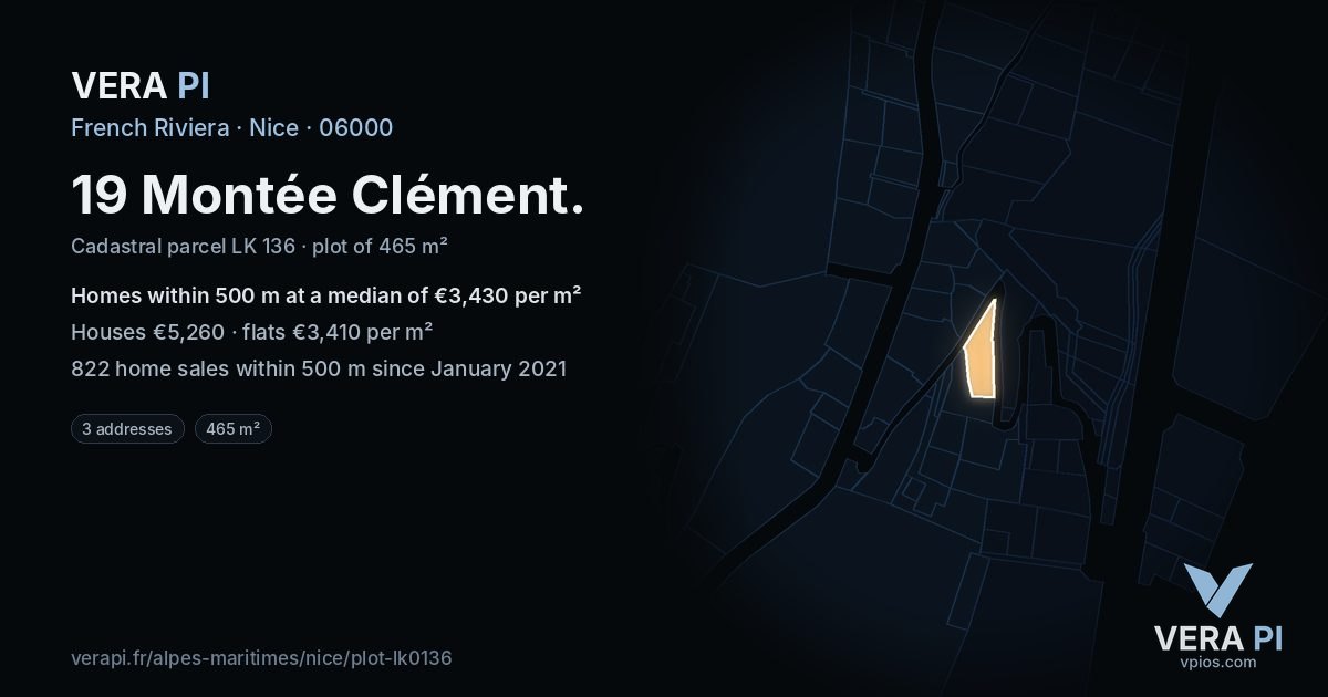 19 Montée Clément, Nice at night – the plot lit, the parcels around coloured by the prices near them
