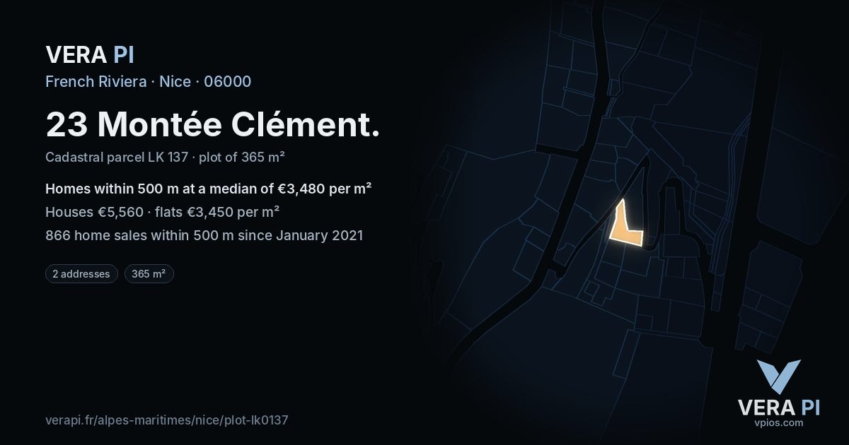 23 Montée Clément, Nice at night – the plot lit, the parcels around coloured by the prices near them