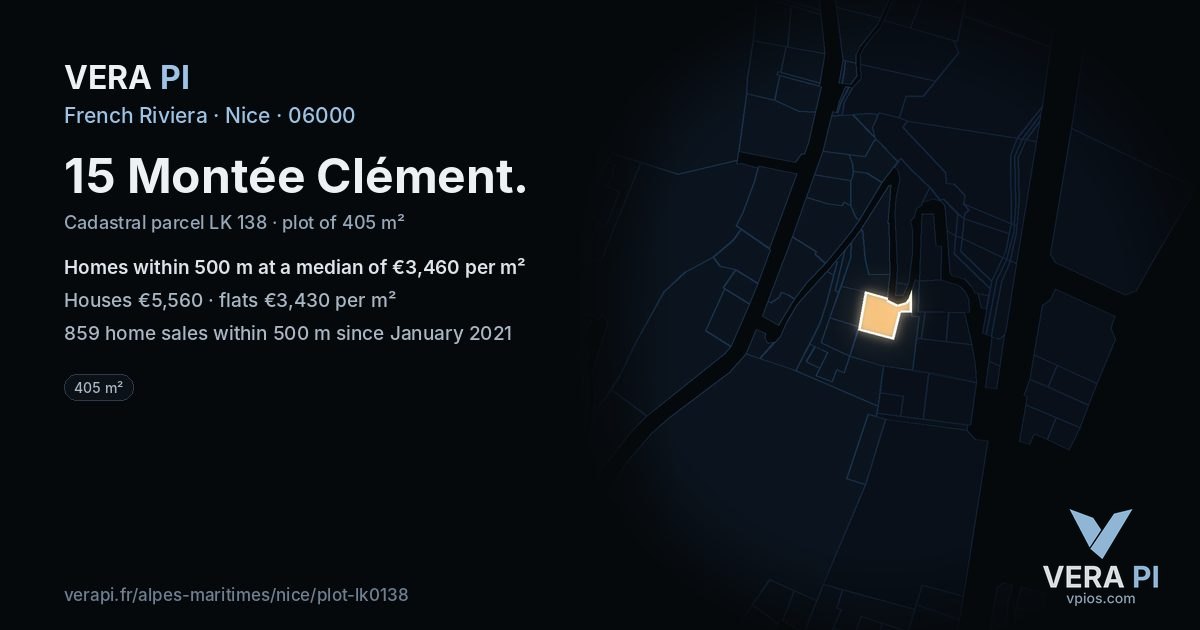 15 Montée Clément, Nice at night – the plot lit, the parcels around coloured by the prices near them