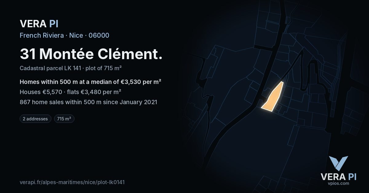 31 Montée Clément, Nice at night – the plot lit, the parcels around coloured by the prices near them