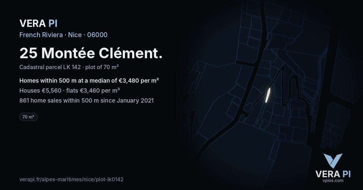 25 Montée Clément, Nice at night – the plot lit, the parcels around coloured by the prices near them