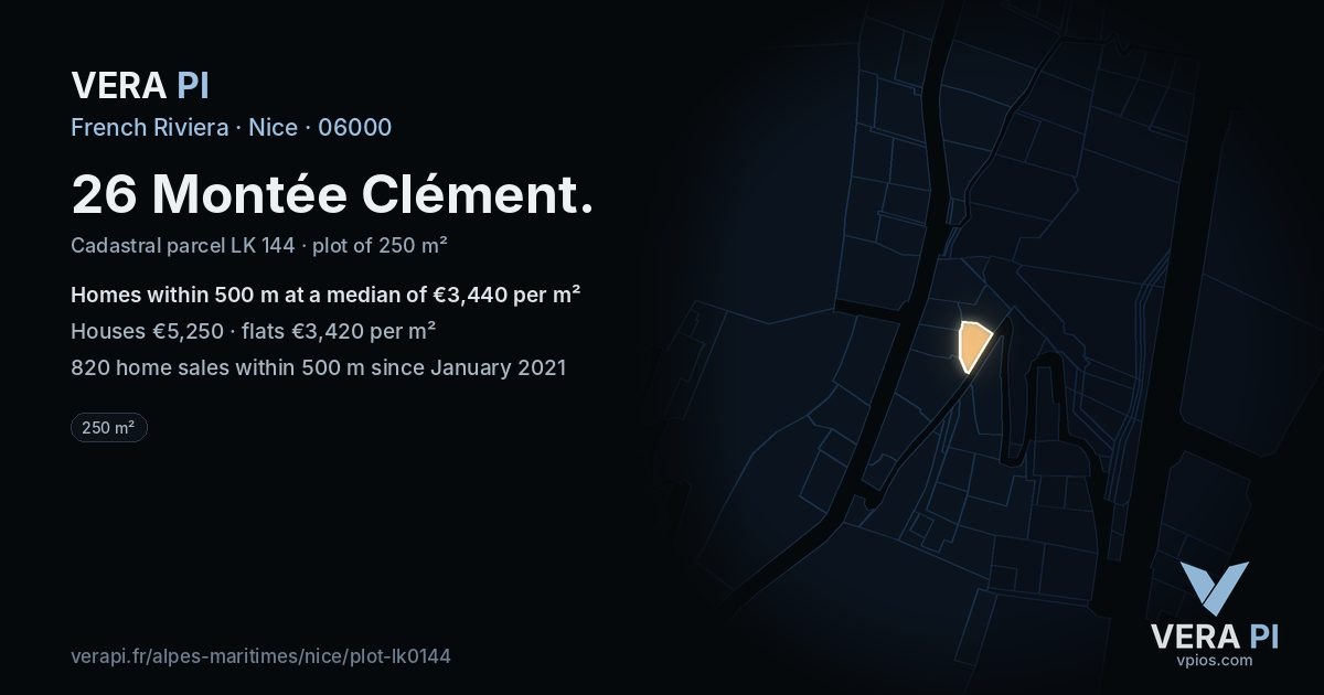 26 Montée Clément, Nice at night – the plot lit, the parcels around coloured by the prices near them