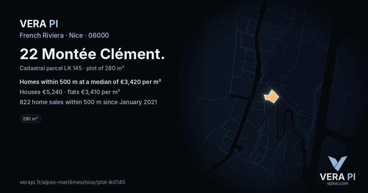 22 Montée Clément, Nice at night – the plot lit, the parcels around coloured by the prices near them