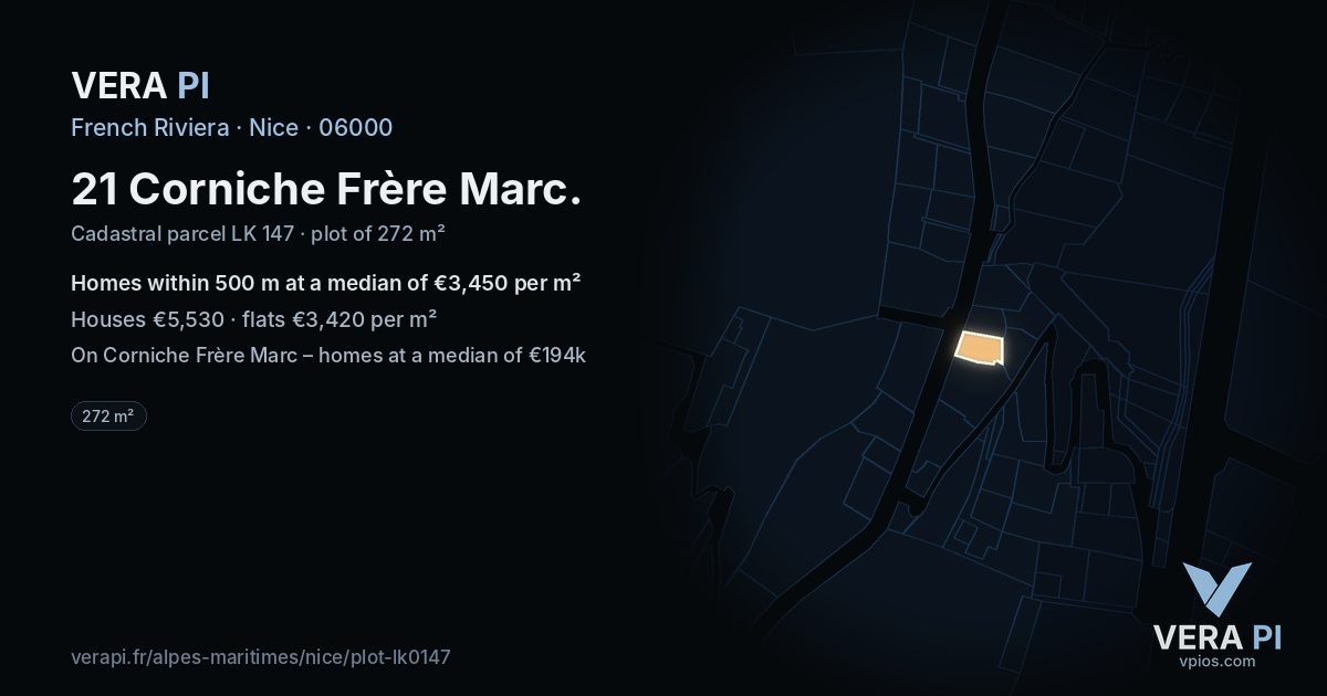 21 Corniche Frère Marc, Nice at night – the plot lit, the parcels around coloured by the prices near them