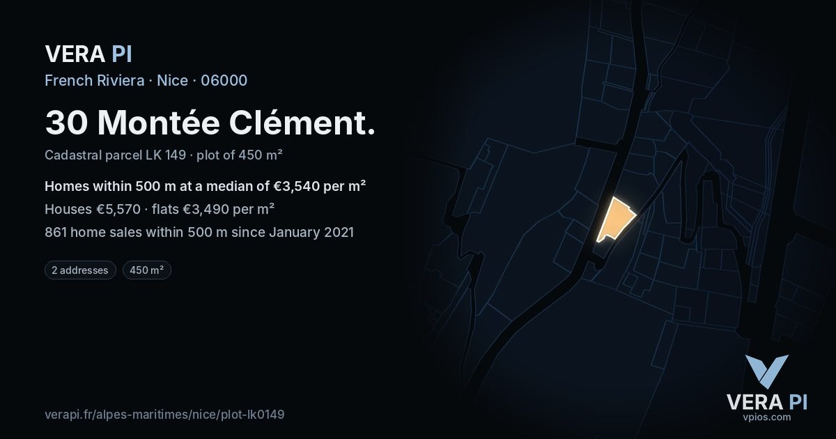30 Montée Clément, Nice at night – the plot lit, the parcels around coloured by the prices near them