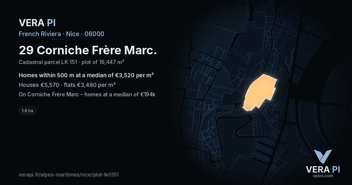 29 Corniche Frère Marc, Nice at night – the plot lit, the parcels around coloured by the prices near them