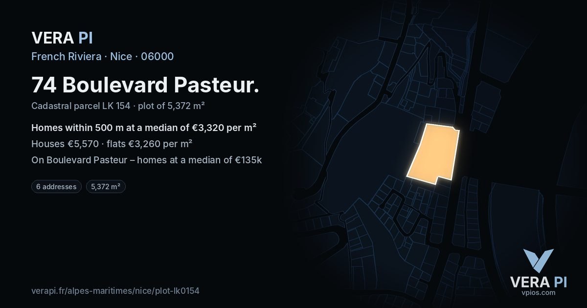 74 Boulevard Pasteur, Nice at night – the plot lit, the parcels around coloured by the prices near them
