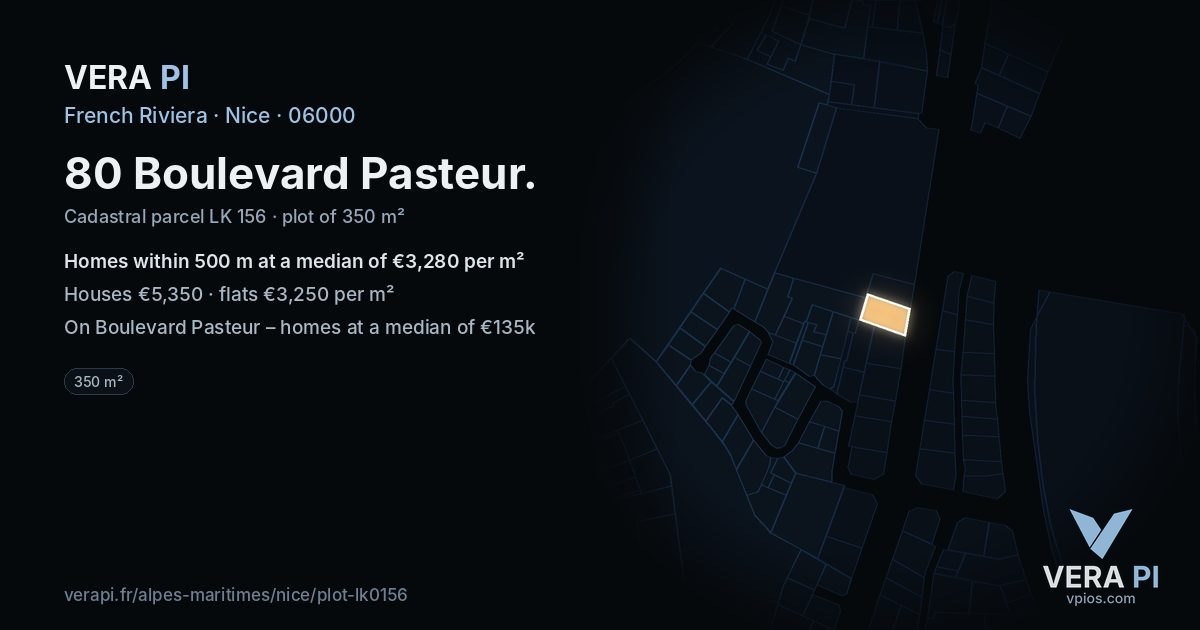 80 Boulevard Pasteur, Nice at night – the plot lit, the parcels around coloured by the prices near them