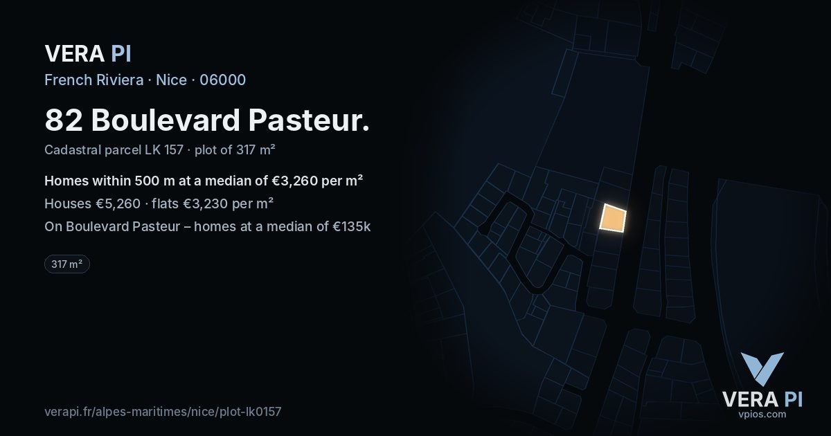 82 Boulevard Pasteur, Nice at night – the plot lit, the parcels around coloured by the prices near them