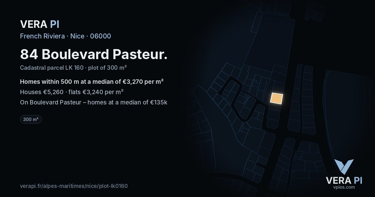 84 Boulevard Pasteur, Nice at night – the plot lit, the parcels around coloured by the prices near them