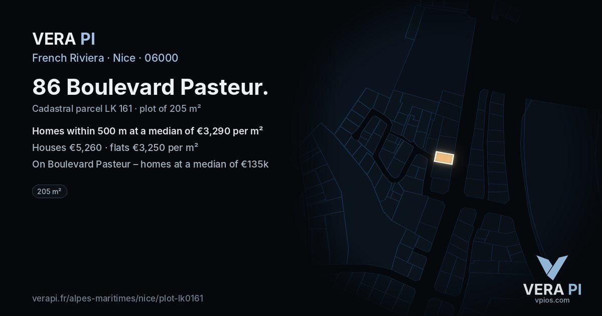 86 Boulevard Pasteur, Nice at night – the plot lit, the parcels around coloured by the prices near them