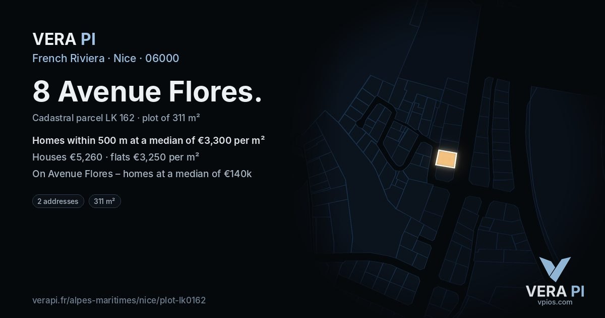 8 Avenue Flores, Nice at night – the plot lit, the parcels around coloured by the prices near them