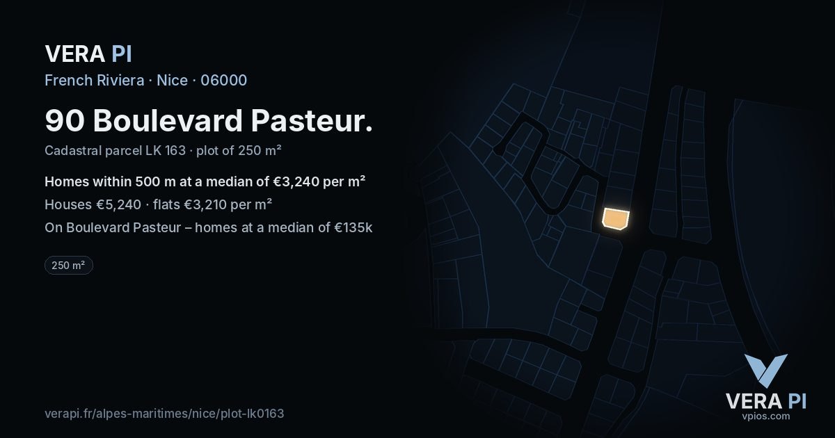 90 Boulevard Pasteur, Nice at night – the plot lit, the parcels around coloured by the prices near them
