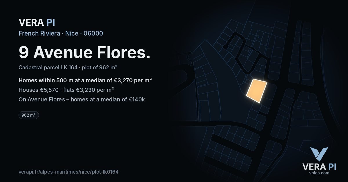 9 Avenue Flores, Nice at night – the plot lit, the parcels around coloured by the prices near them