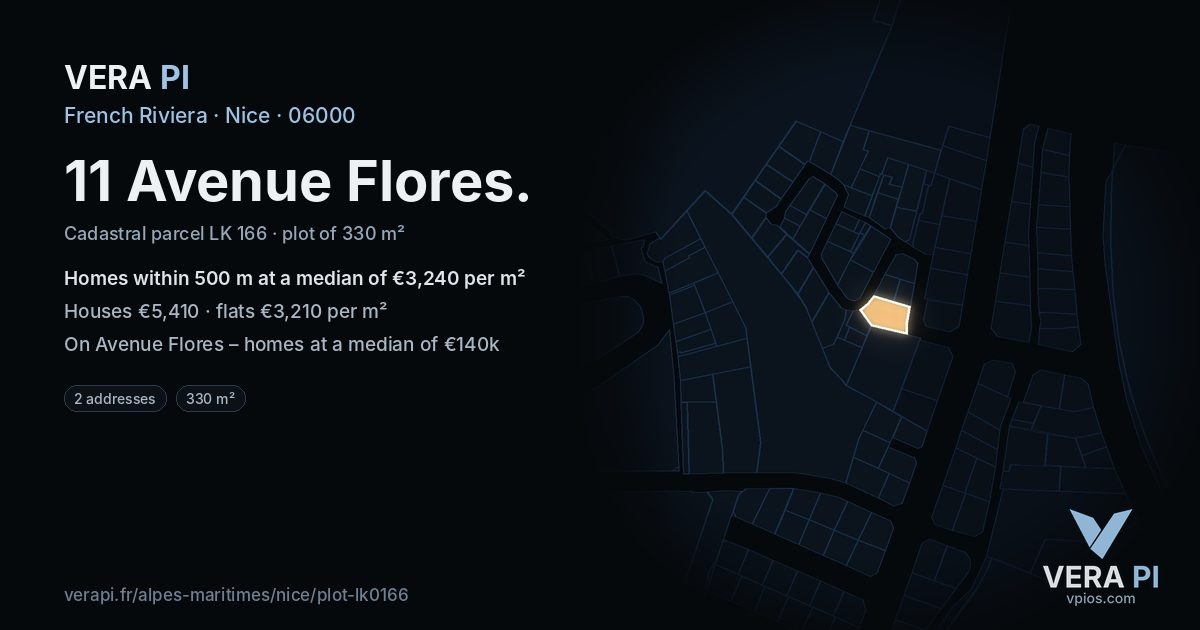 11 Avenue Flores, Nice at night – the plot lit, the parcels around coloured by the prices near them
