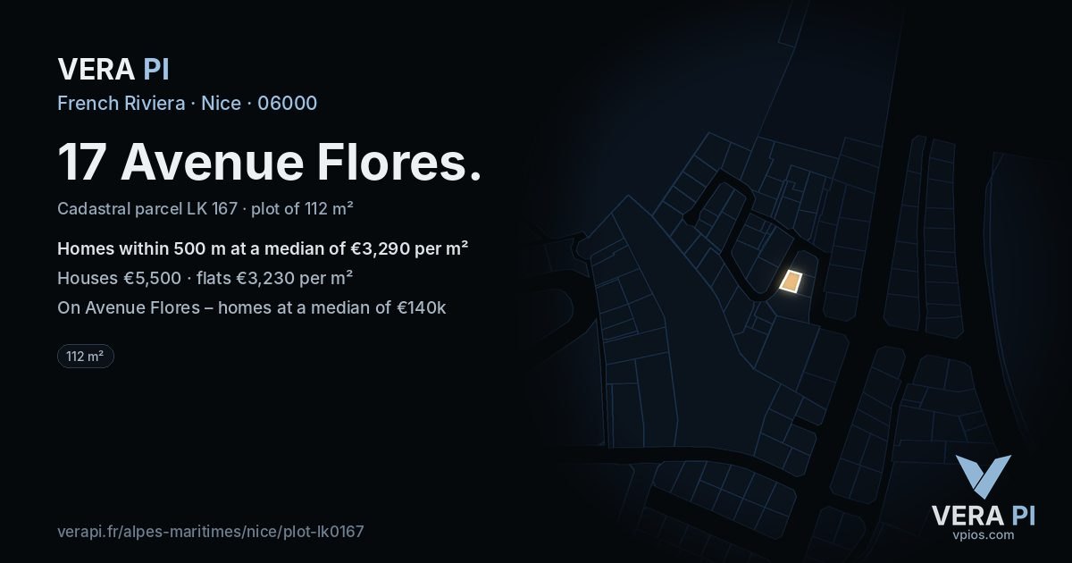 17 Avenue Flores, Nice at night – the plot lit, the parcels around coloured by the prices near them