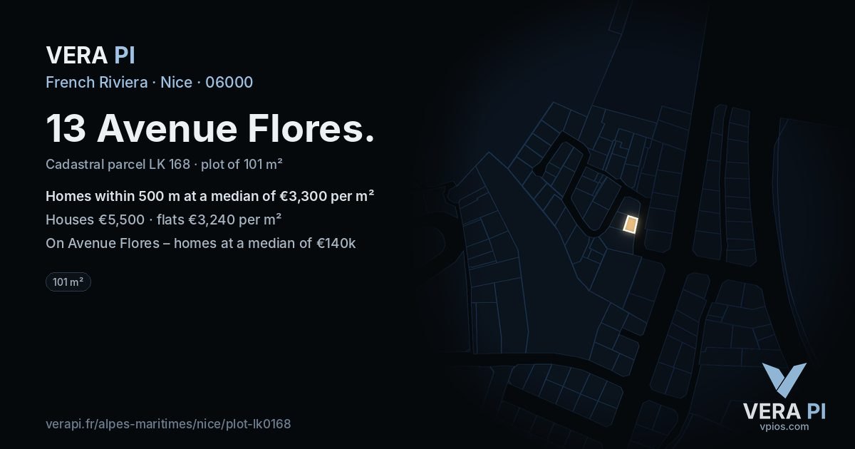 13 Avenue Flores, Nice at night – the plot lit, the parcels around coloured by the prices near them