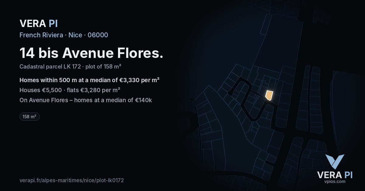 14 bis Avenue Flores, Nice at night – the plot lit, the parcels around coloured by the prices near them