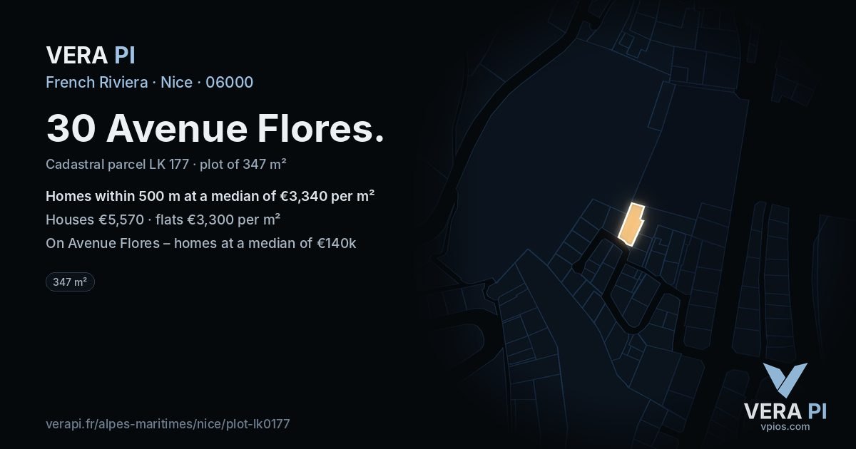 30 Avenue Flores, Nice at night – the plot lit, the parcels around coloured by the prices near them