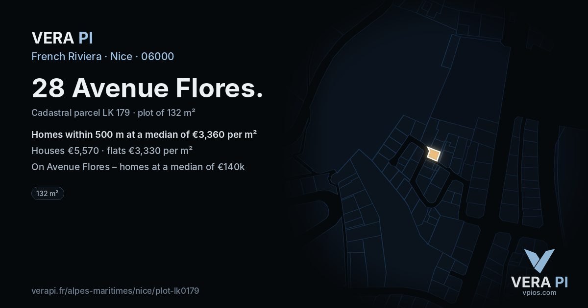 28 Avenue Flores, Nice at night – the plot lit, the parcels around coloured by the prices near them