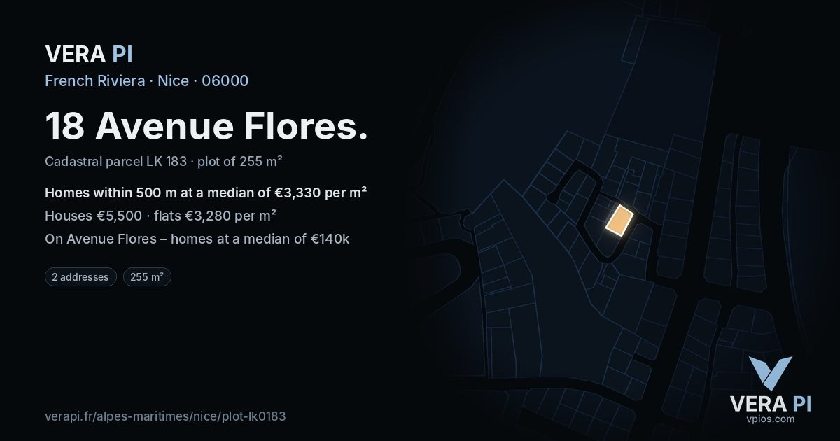 18 Avenue Flores, Nice at night – the plot lit, the parcels around coloured by the prices near them