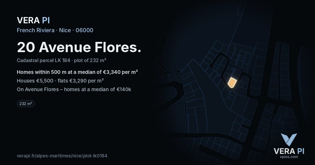 20 Avenue Flores, Nice at night – the plot lit, the parcels around coloured by the prices near them